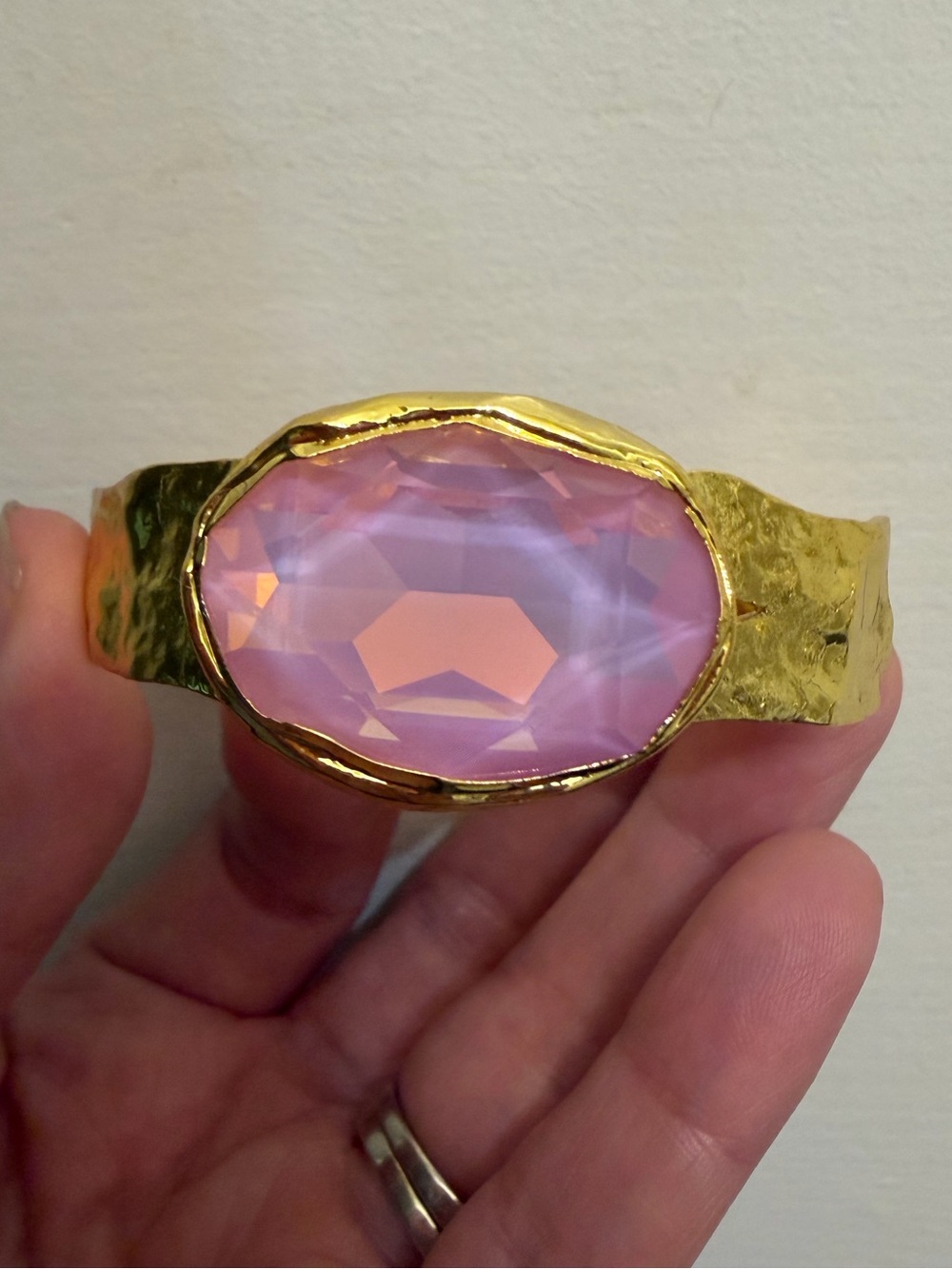 Gold Cuff Bracelet with Pink Faceted Center Stone - adjustable